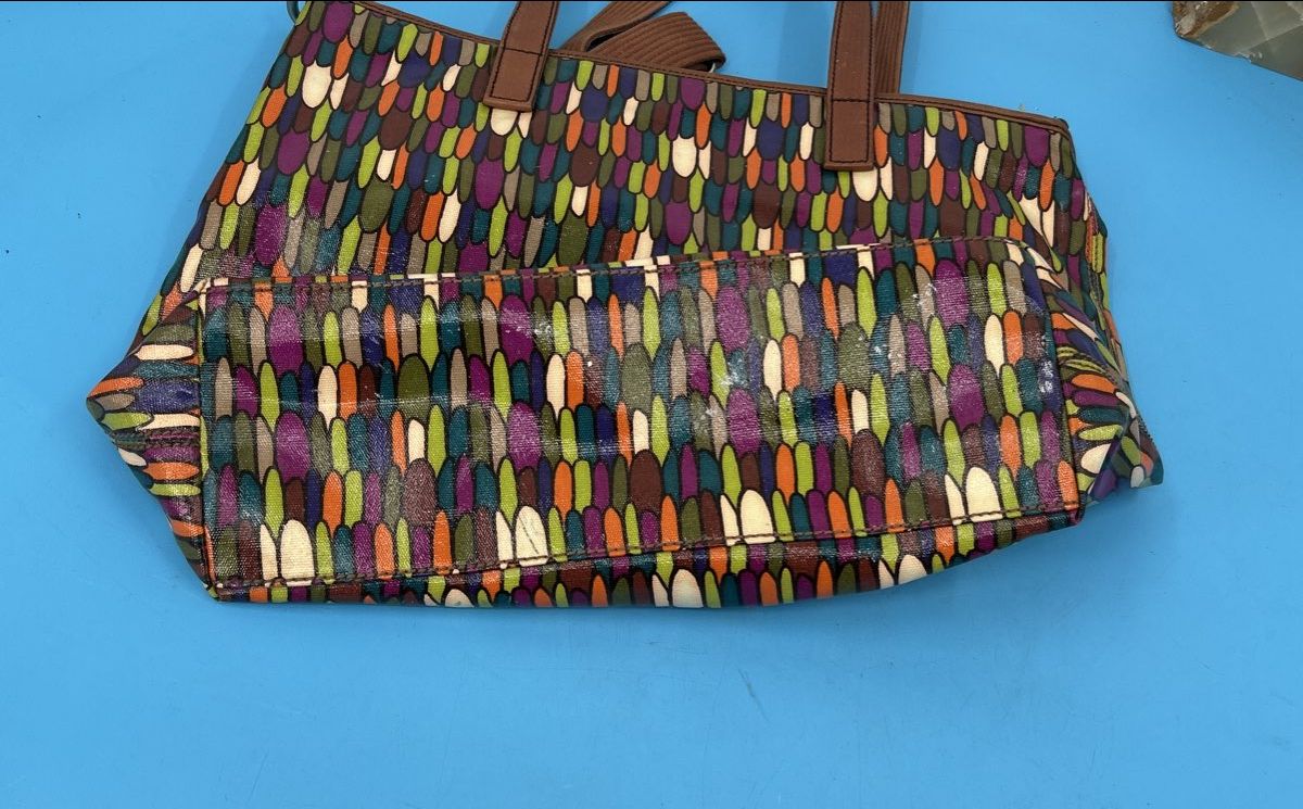 Fossil Genuine Leather Multicolor Tote Bag – Brown Trim Shoulder Purse