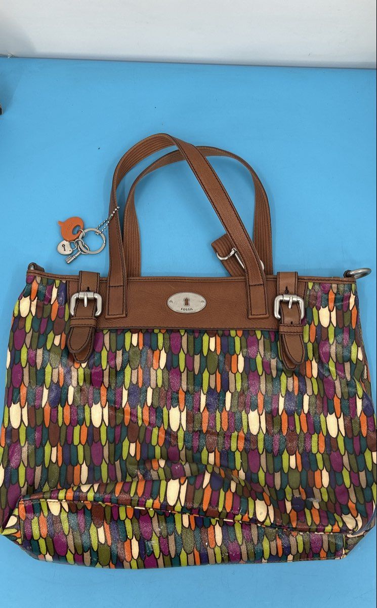 Fossil Genuine Leather Multicolor Tote Bag – Brown Trim Shoulder Purse