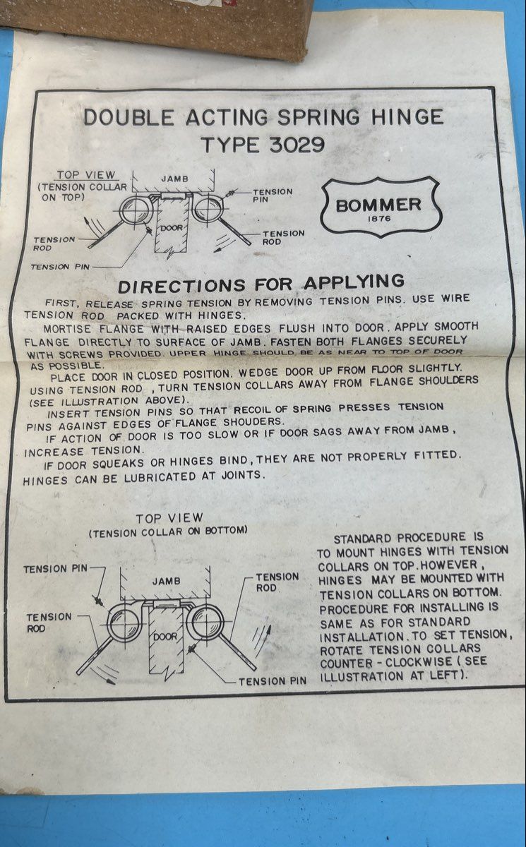 Bommer Brass Double Acting Spring Hinge Type 3029-6 for 1-1/4” to 1-3/4” doors