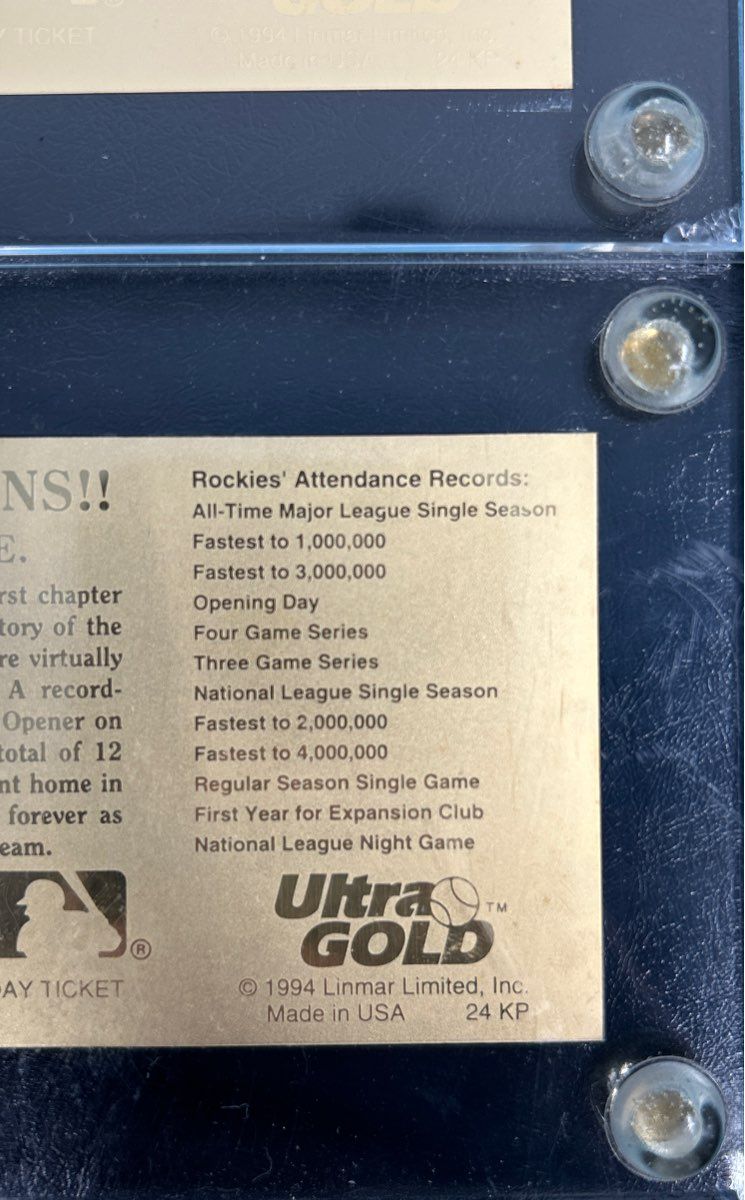 Set of 2 Colorado Rockies ‘94 Record Season 24k Gold Ticket Replica 354&355/1994
