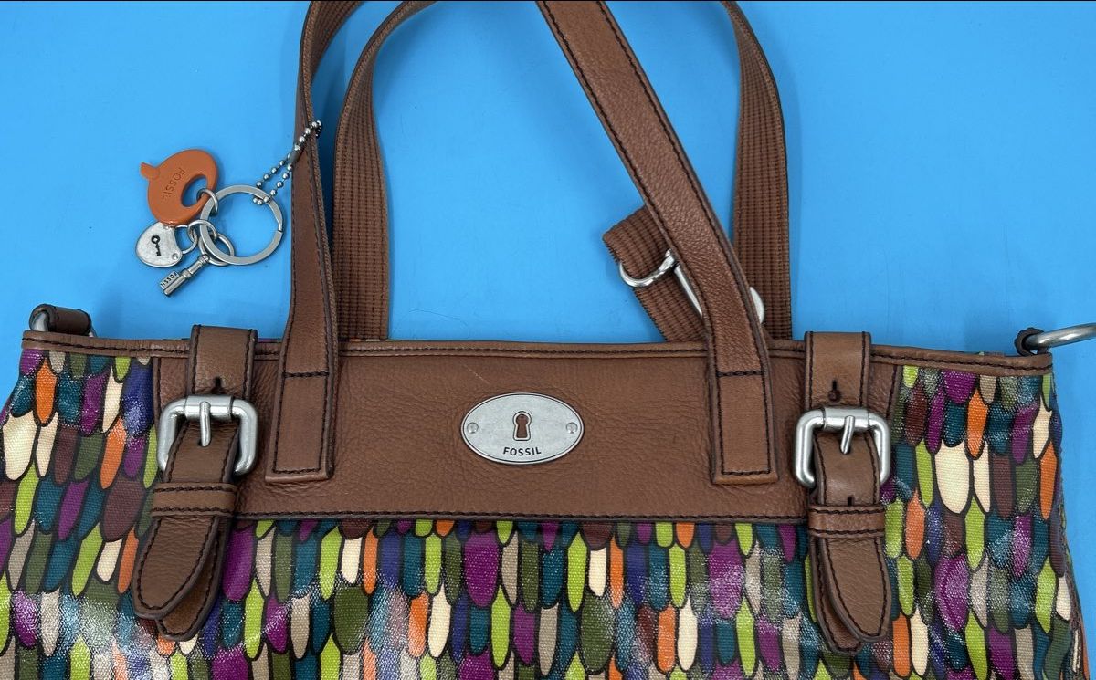 Fossil Genuine Leather Multicolor Tote Bag – Brown Trim Shoulder Purse