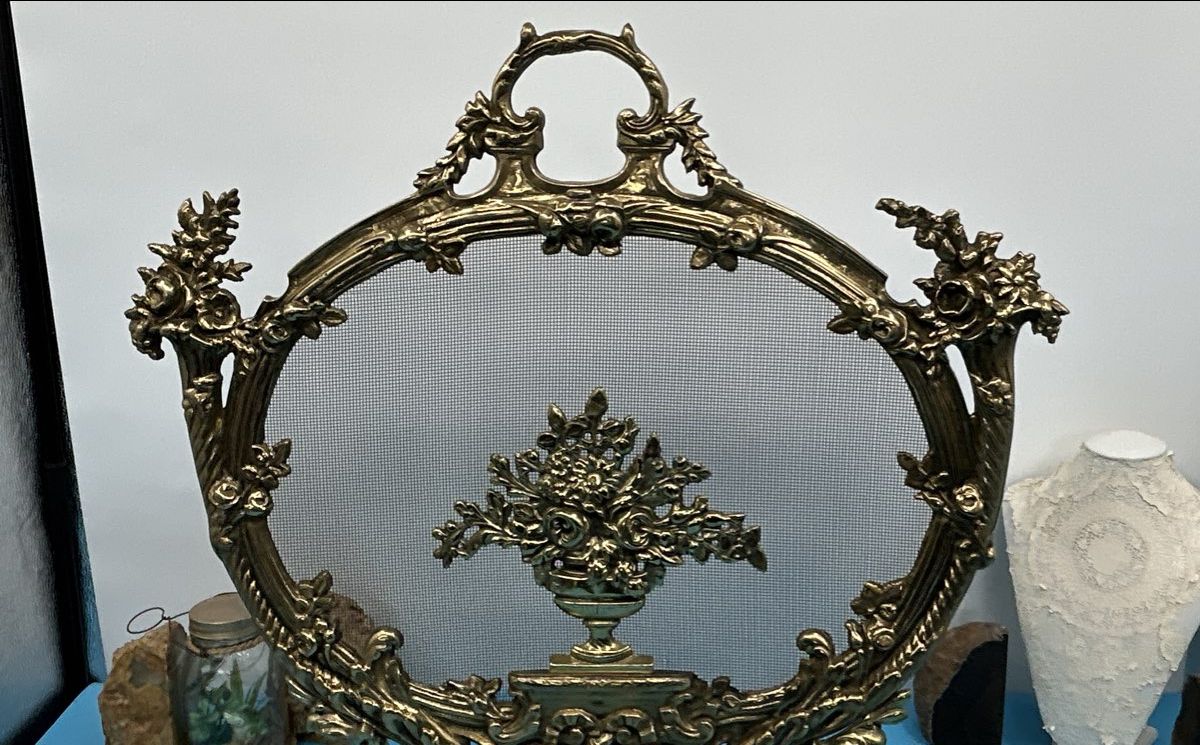 Antique 19th Century Louis XV Decorative Fireplace Screen Rococco Floral Bouquet