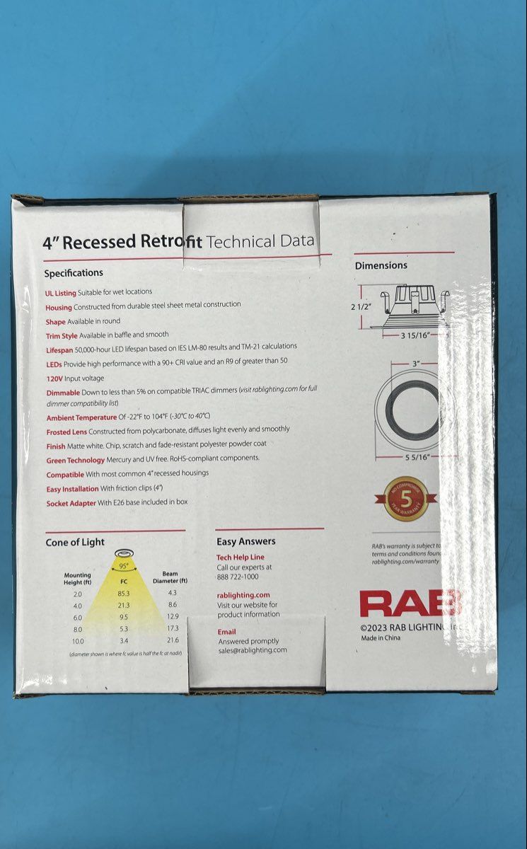 Box of 4 - RAB 4” LED Retrofit Recessed Downlight R4R89FA120WB