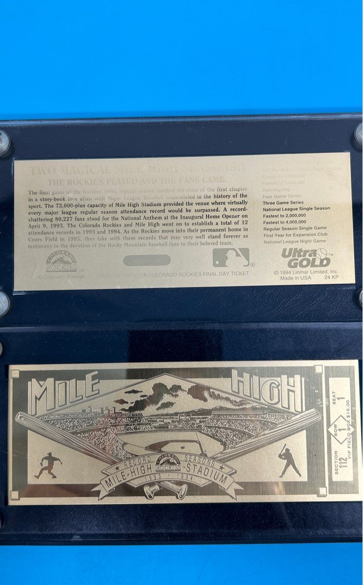 Set of 2 Colorado Rockies ‘94 Record Season 24k Gold Ticket Replica 354&355/1994