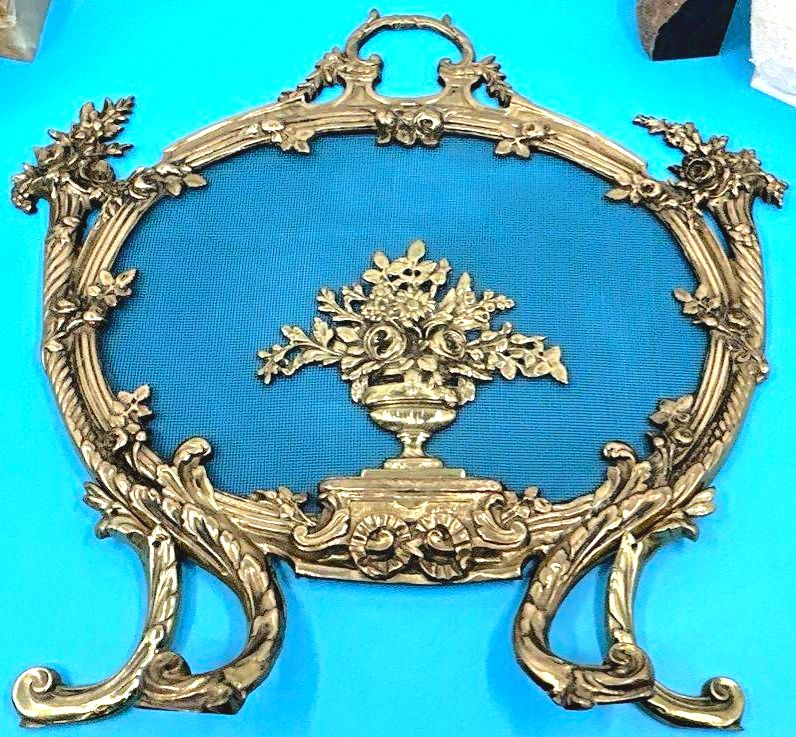 Antique 19th Century Louis XV Decorative Fireplace Screen Rococco Floral Bouquet