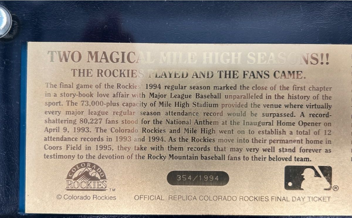 Set of 2 Colorado Rockies ‘94 Record Season 24k Gold Ticket Replica 354&355/1994