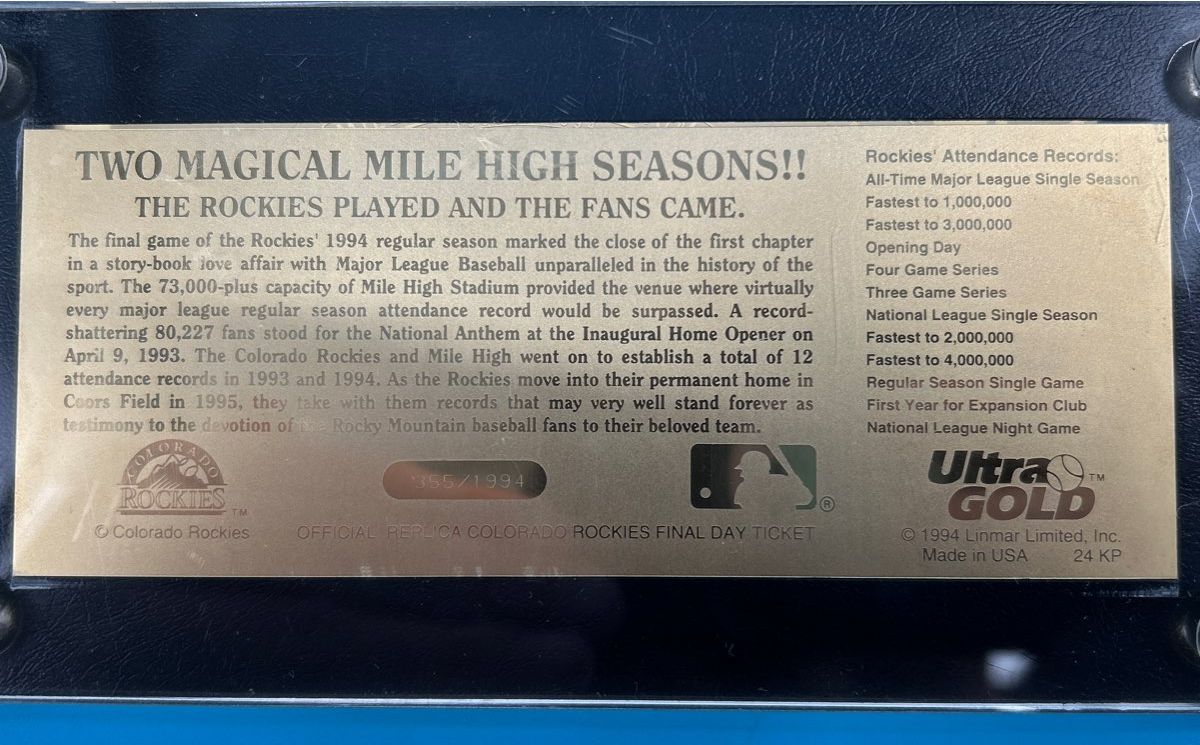 Set of 2 Colorado Rockies ‘94 Record Season 24k Gold Ticket Replica 354&355/1994