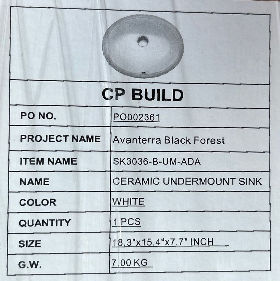 White Ceramic Single Bowl Undermount Sink (18.3”x15.4”x7.7”) with hardware