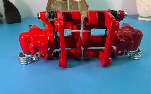 Pair of Dual-Piston Red Brake Calipers with Parking Brake Lever