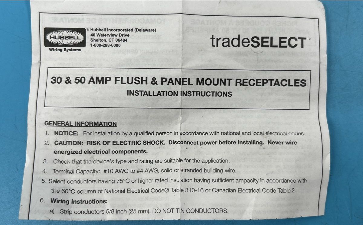 Set of 2 - Hubbell Trade Select 30/50amp Flush/Panel Mount Receptacles RR330F
