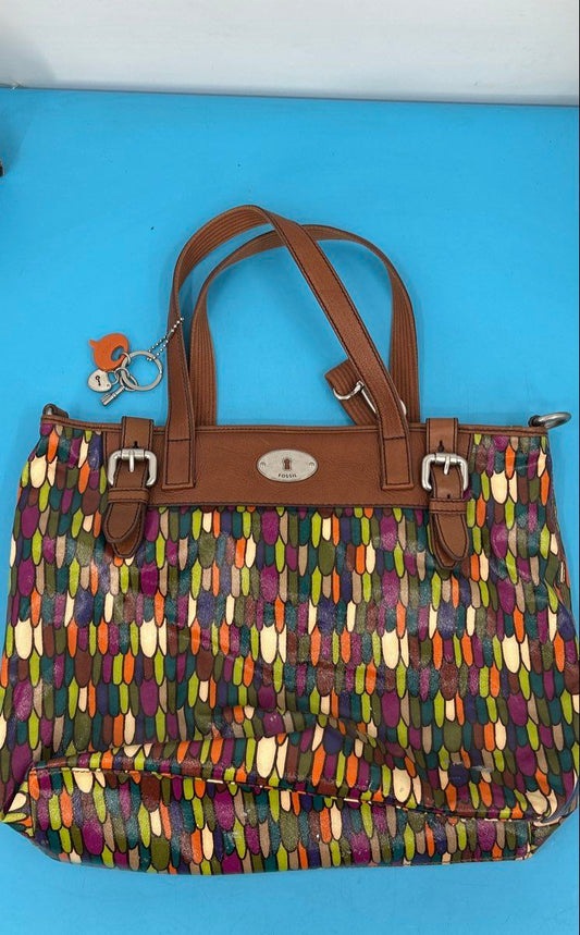 Fossil Genuine Leather Multicolor Tote Bag – Brown Trim Shoulder Purse