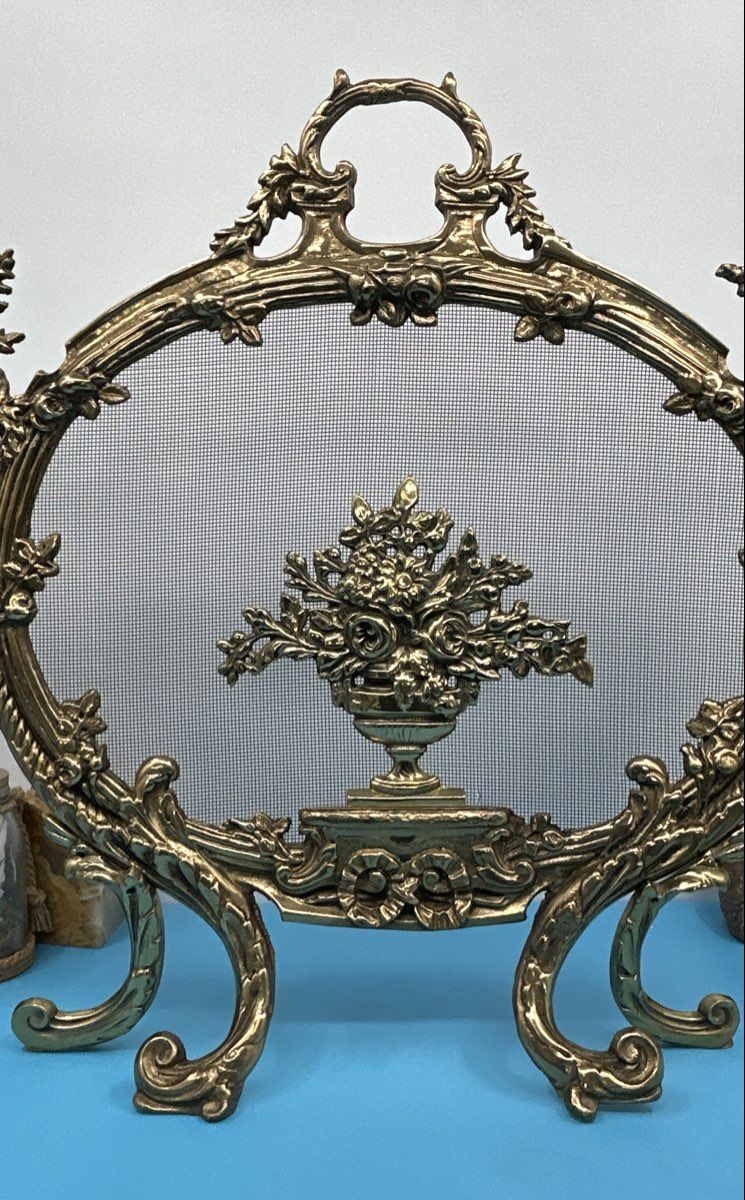 Antique 19th Century Louis XV Decorative Fireplace Screen Rococco Floral Bouquet
