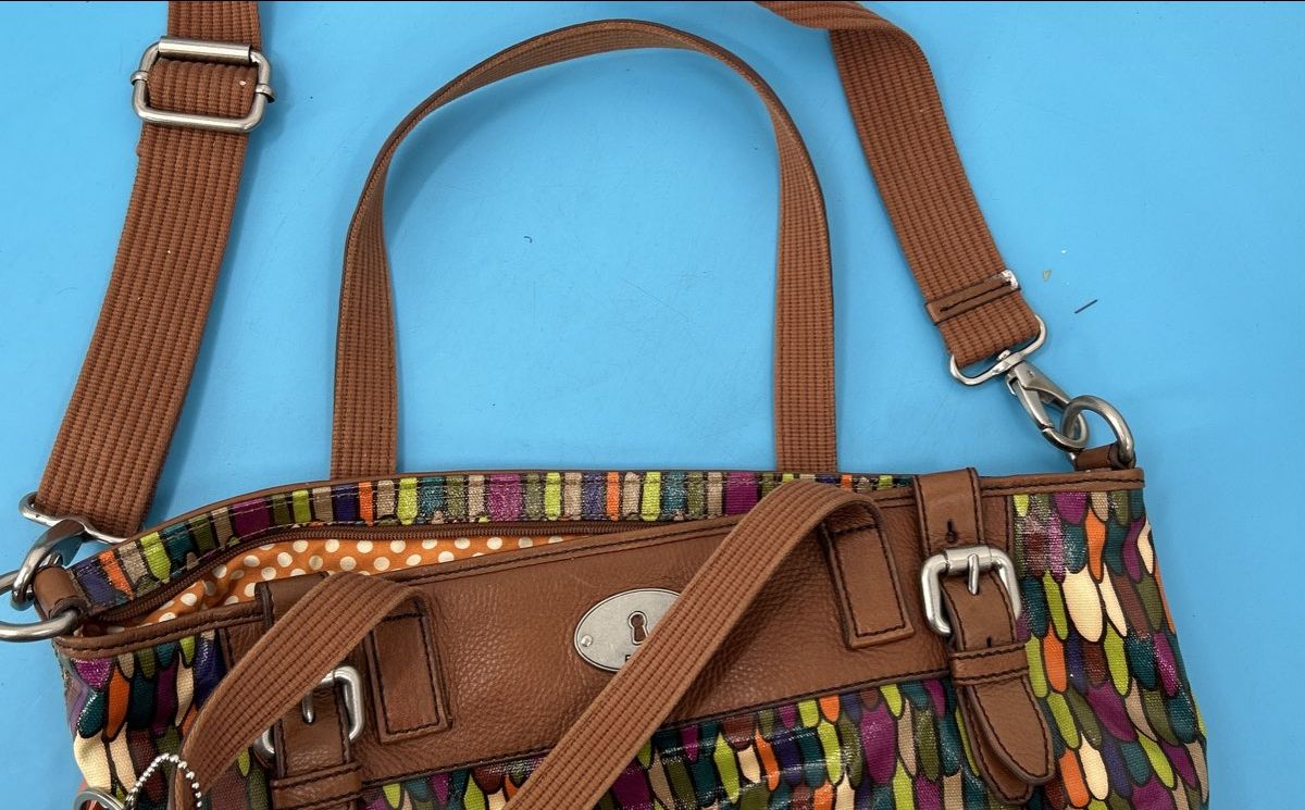 Fossil Genuine Leather Multicolor Tote Bag – Brown Trim Shoulder Purse