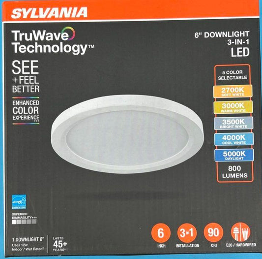 Sylvania 6” LED TruWave 3-N-1 Downlight 12w 800lumens LEDSLMDNL6R800ST9SC3TW