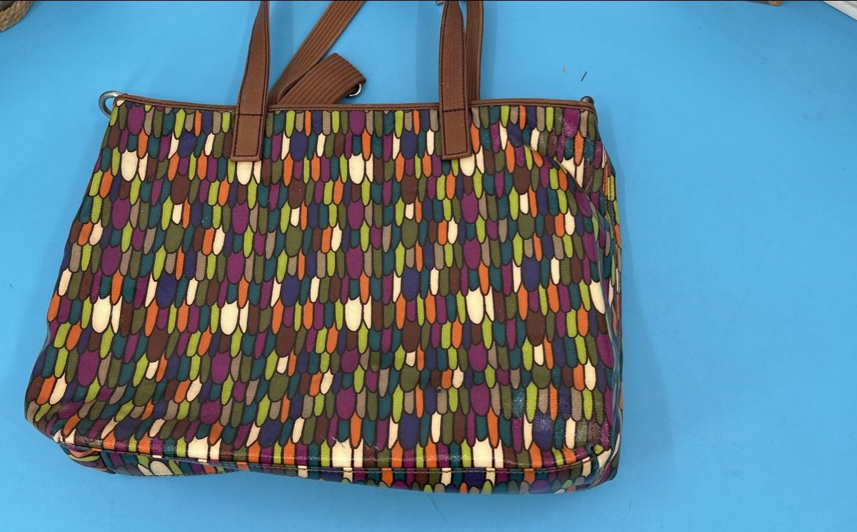 Fossil Genuine Leather Multicolor Tote Bag – Brown Trim Shoulder Purse