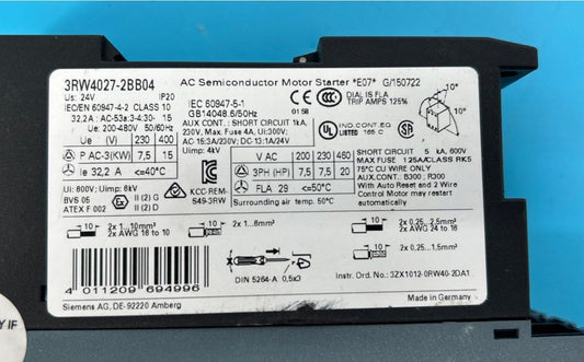 Siemens AC Semiconductor Motor Starter *E07* model: 3RW4027-2BB04