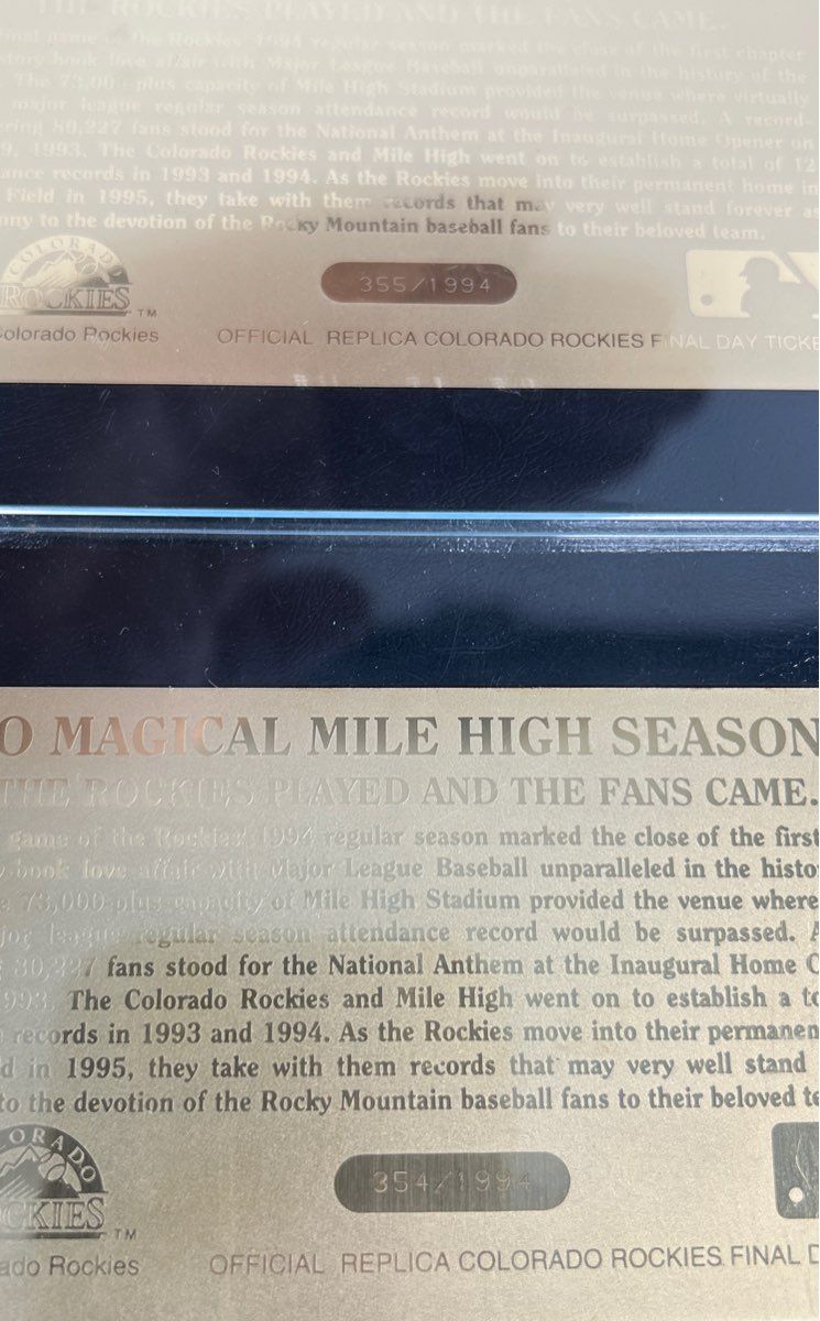 Set of 2 Colorado Rockies ‘94 Record Season 24k Gold Ticket Replica 354&355/1994