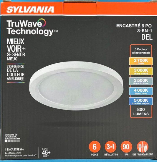 Sylvania 6” LED TruWave 3-N-1 Downlight 12w 800lumens LEDSLMDNL6R800ST9SC3TW